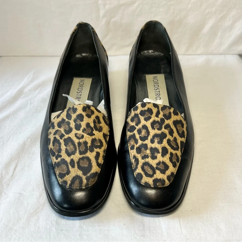 Nordstrom Black Leopard Animal Print Loafers Shoes Womens Size 7.5 N Narrow‎